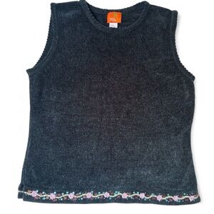 Hearts of Palm Black Knit Sweater Vest Embroidered Trim Vintage Hong Kong L